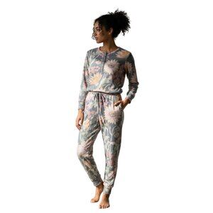 Chasor Women’s Floral‎ Jumpsuit Gray Soft Loungewear Boho Drawstring – Size S